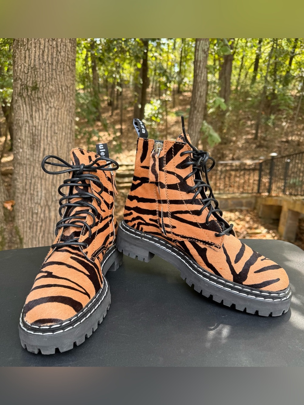 Proenza Schouler Tiger-Print Lace-Up Combat Boots - Black & Brown